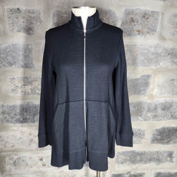 SHANNON PASSERO sz S/P black ribbed zip front swing jacket front pockets - Picture 1 of 6